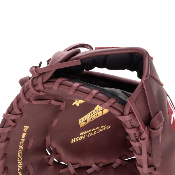 Close-up of a maroon baseball glove showing gold lettering "For the PROFESSIONAL PL" and "GECTU-10SH".