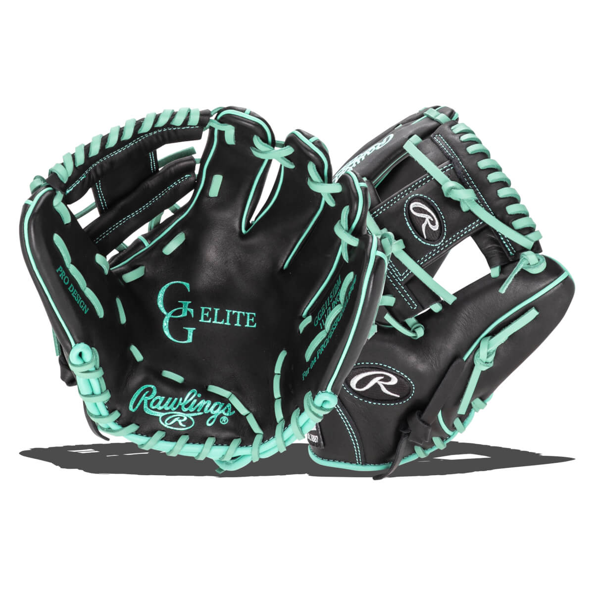 Front view of a black Rawlings GGE115 Elite baseball glove with aqua stitching and lacing.