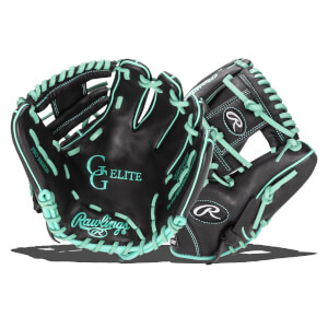 Front view of a black Rawlings GGE115 Elite baseball glove with aqua stitching and lacing.
