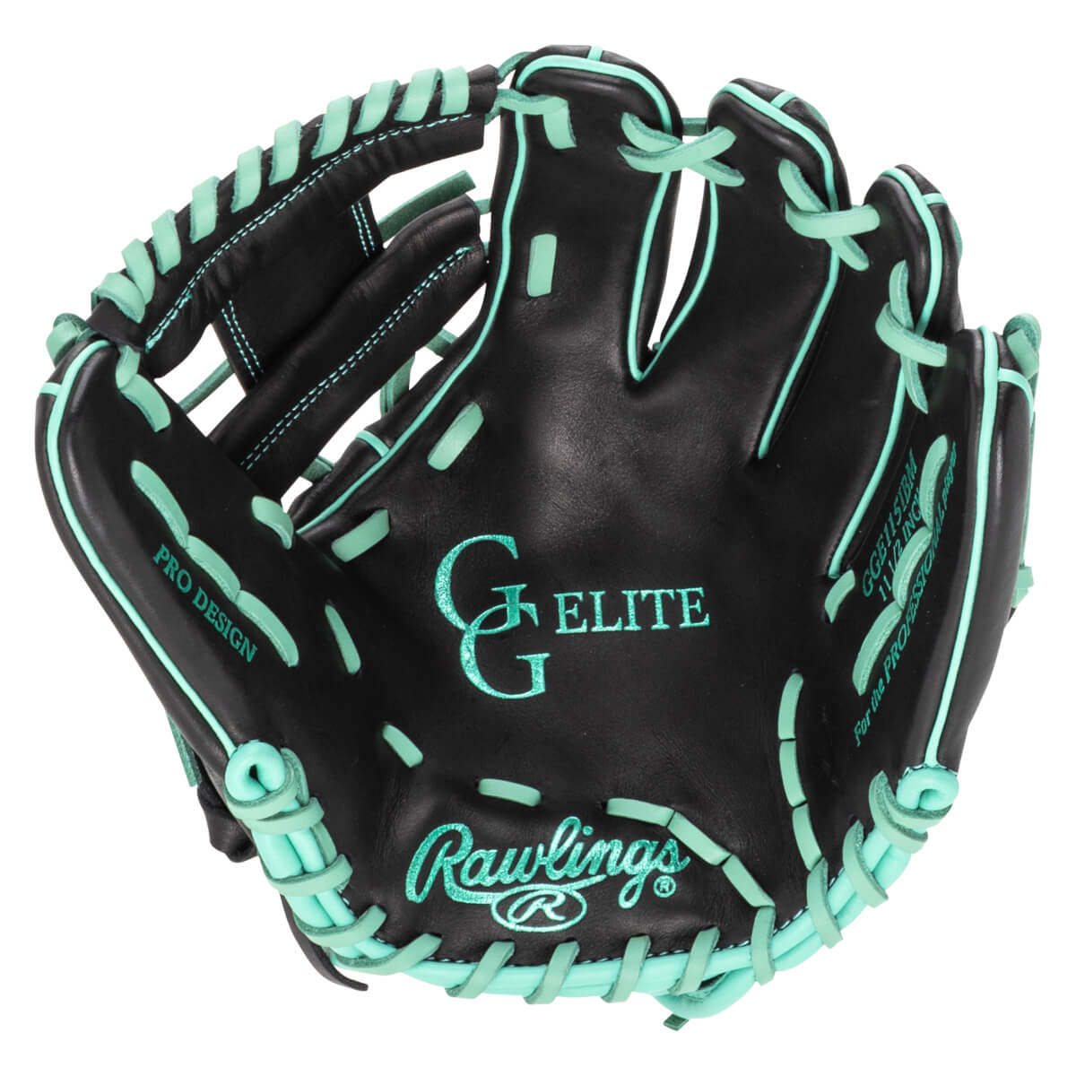 Top-down view of a black baseball glove with teal lacing, featuring "Rawlings" and "G ELITE" logos.