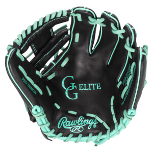 Top-down view of a black baseball glove with teal lacing, featuring "Rawlings" and "G ELITE" logos.