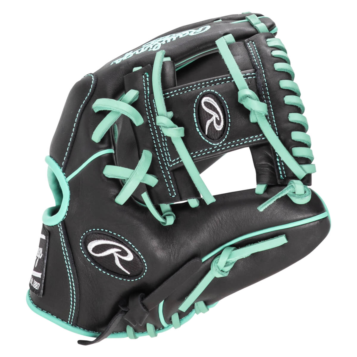 Front view of a black Rawlings baseball glove with teal lacing and stitching, featuring the Rawlings R logo.