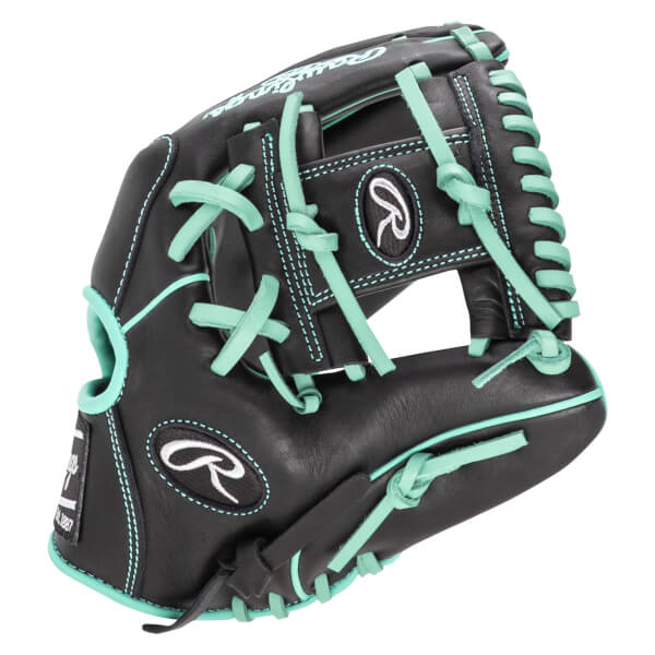 Front view of a black Rawlings baseball glove with teal lacing and stitching, featuring the Rawlings R logo.