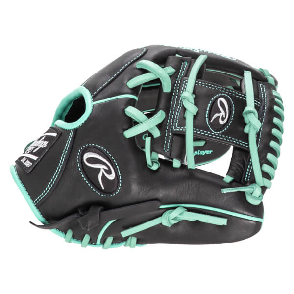 Front view of a black Rawlings baseball glove with aqua laces and stitching, featuring the Rawlings logo and "player" text.