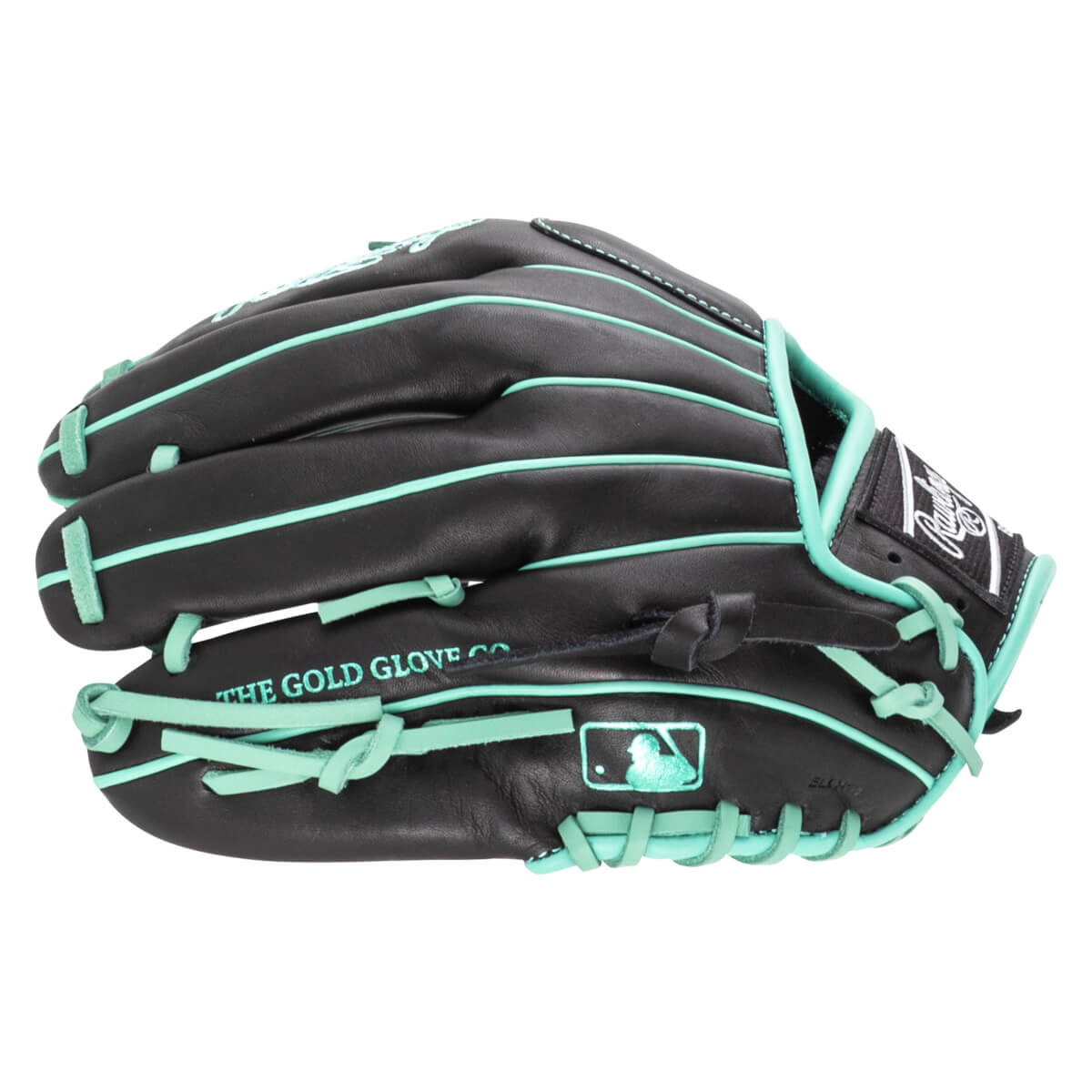 Side view of a black baseball glove with teal lacing and "THE GOLD GLOVE CO." text.