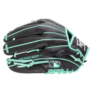 Side view of a black baseball glove with teal lacing and "THE GOLD GLOVE CO." text.