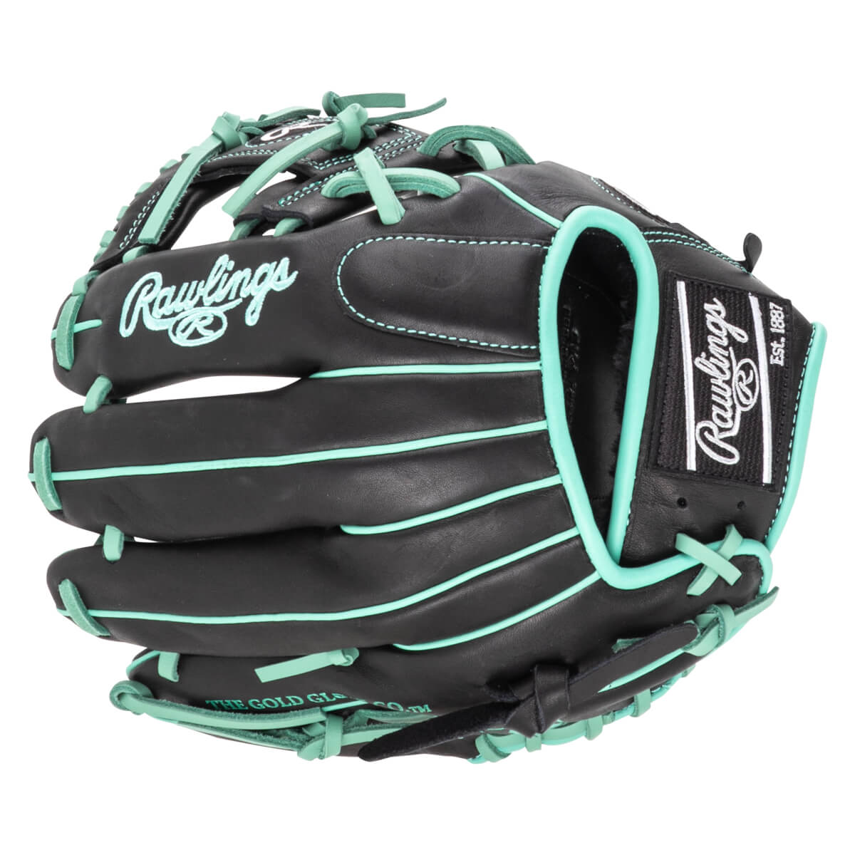 Front view of a black Rawlings baseball glove with aqua stitching and laces, featuring the Rawlings logo.