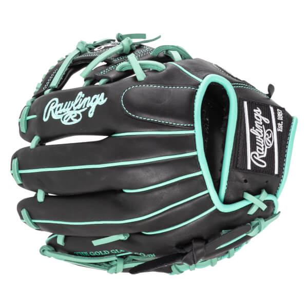 Front view of a black Rawlings baseball glove with aqua stitching and laces, featuring the Rawlings logo.