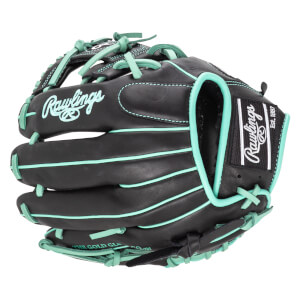 Front view of a black Rawlings baseball glove with aqua stitching and laces, featuring the Rawlings logo.