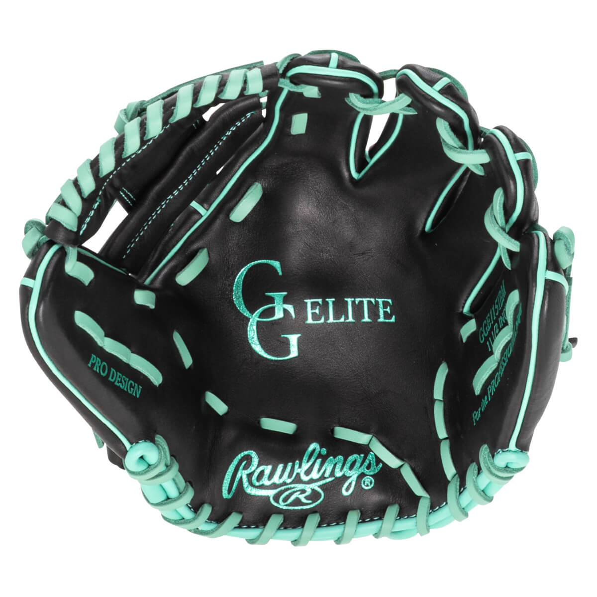 Top-down view of a black Rawlings baseball glove with teal stitching and logos, including "G ELITE" and "PRO DESIGN".