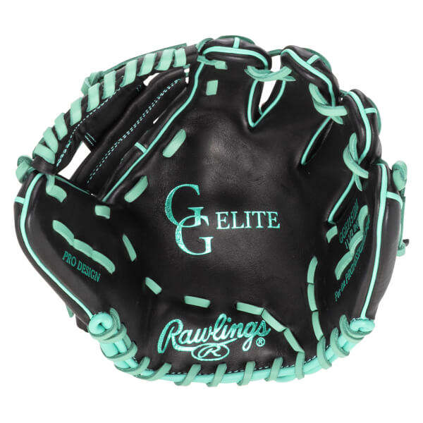 Top-down view of a black Rawlings baseball glove with teal stitching and logos, including "G ELITE" and "PRO DESIGN".