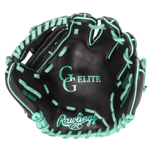 Top-down view of a black Rawlings baseball glove with teal stitching and logos, including "G ELITE" and "PRO DESIGN".