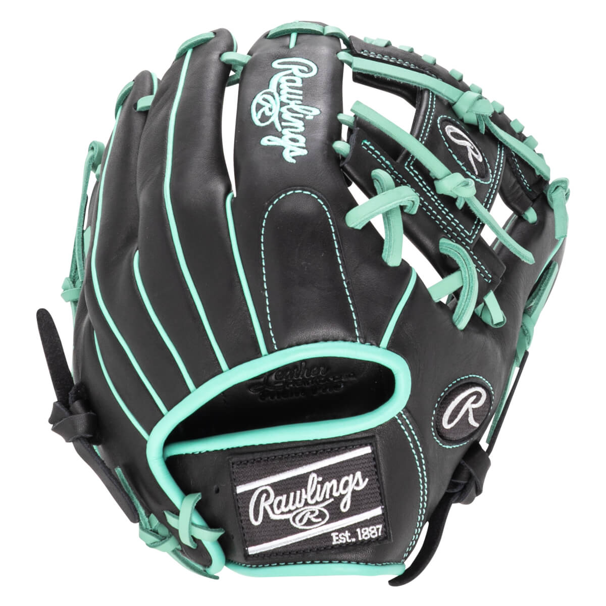 Front view of a black Rawlings baseball glove with mint green stitching and laces, featuring the Rawlings logo.