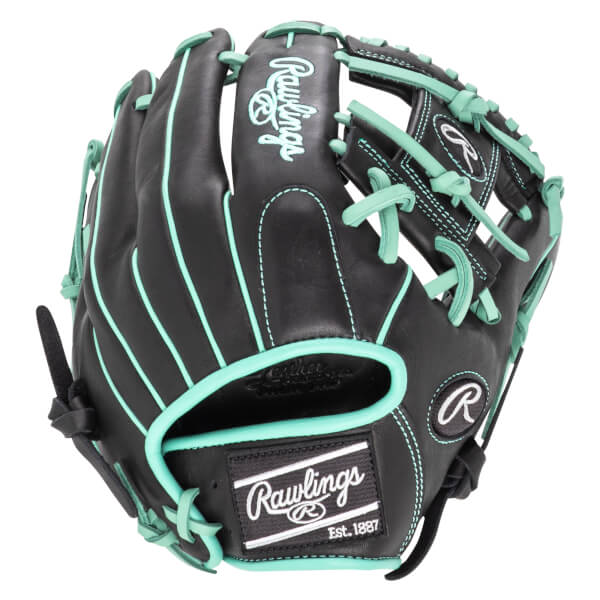 Front view of a black Rawlings baseball glove with mint green stitching and laces, featuring the Rawlings logo.