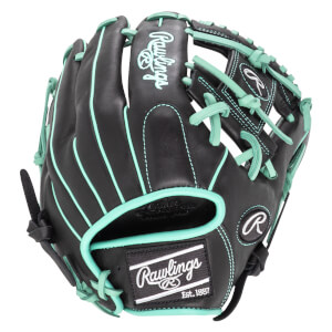 Front view of a black Rawlings baseball glove with mint green stitching and laces, featuring the Rawlings logo.