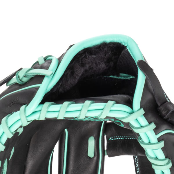 Close-up of a black baseball glove with teal lacing and trim, showing the interior lining.
