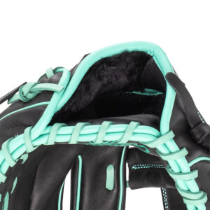 Close-up of a black baseball glove with teal lacing and trim, showing the interior lining.