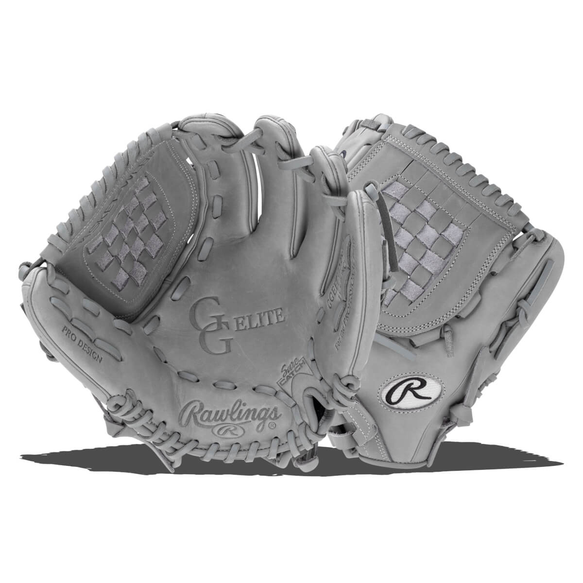 Front view of two gray Rawlings baseball gloves, one with "PRO DESIGN" and "Rawlings" visible.