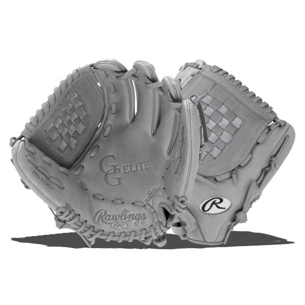 Front view of two gray Rawlings baseball gloves, one with "PRO DESIGN" and "Rawlings" visible.