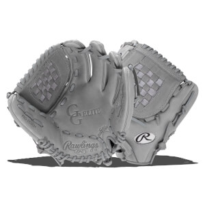 Front view of two gray Rawlings baseball gloves, one with "PRO DESIGN" and "Rawlings" visible.