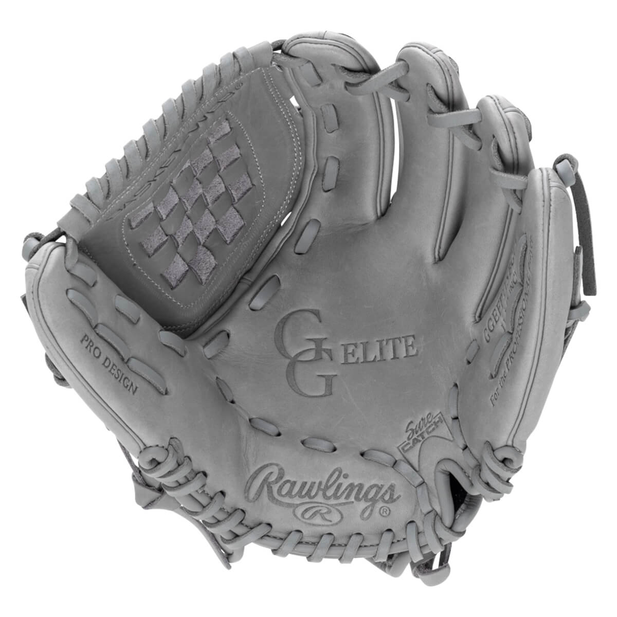 Front view of a gray baseball glove with "Rawlings", "GGE ELITE", and "PRO DESIGN" text.