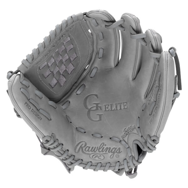Front view of a gray baseball glove with "Rawlings", "GGE ELITE", and "PRO DESIGN" text.