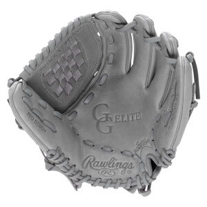 Front view of a gray baseball glove with "Rawlings", "GGE ELITE", and "PRO DESIGN" text.