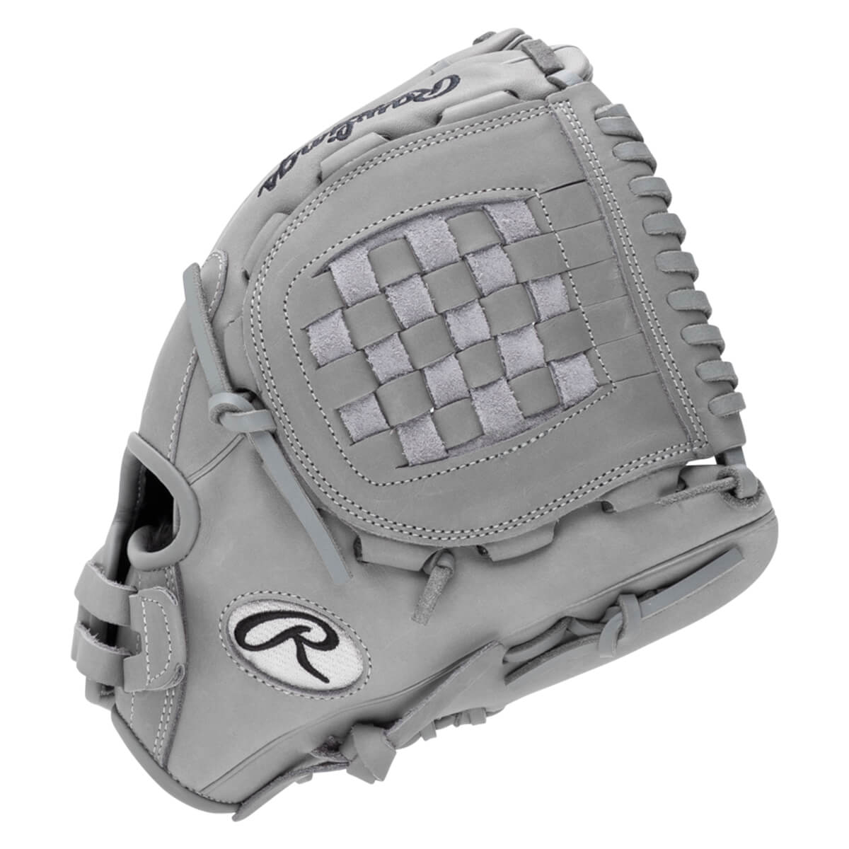 Front view of a gray baseball glove with a woven pocket, Rawlings logo, and white stitching.