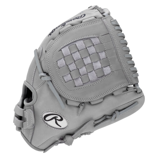 Front view of a gray baseball glove with a woven pocket, Rawlings logo, and white stitching.