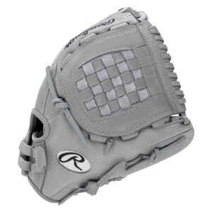 Front view of a gray baseball glove with a woven pocket, Rawlings logo, and white stitching.