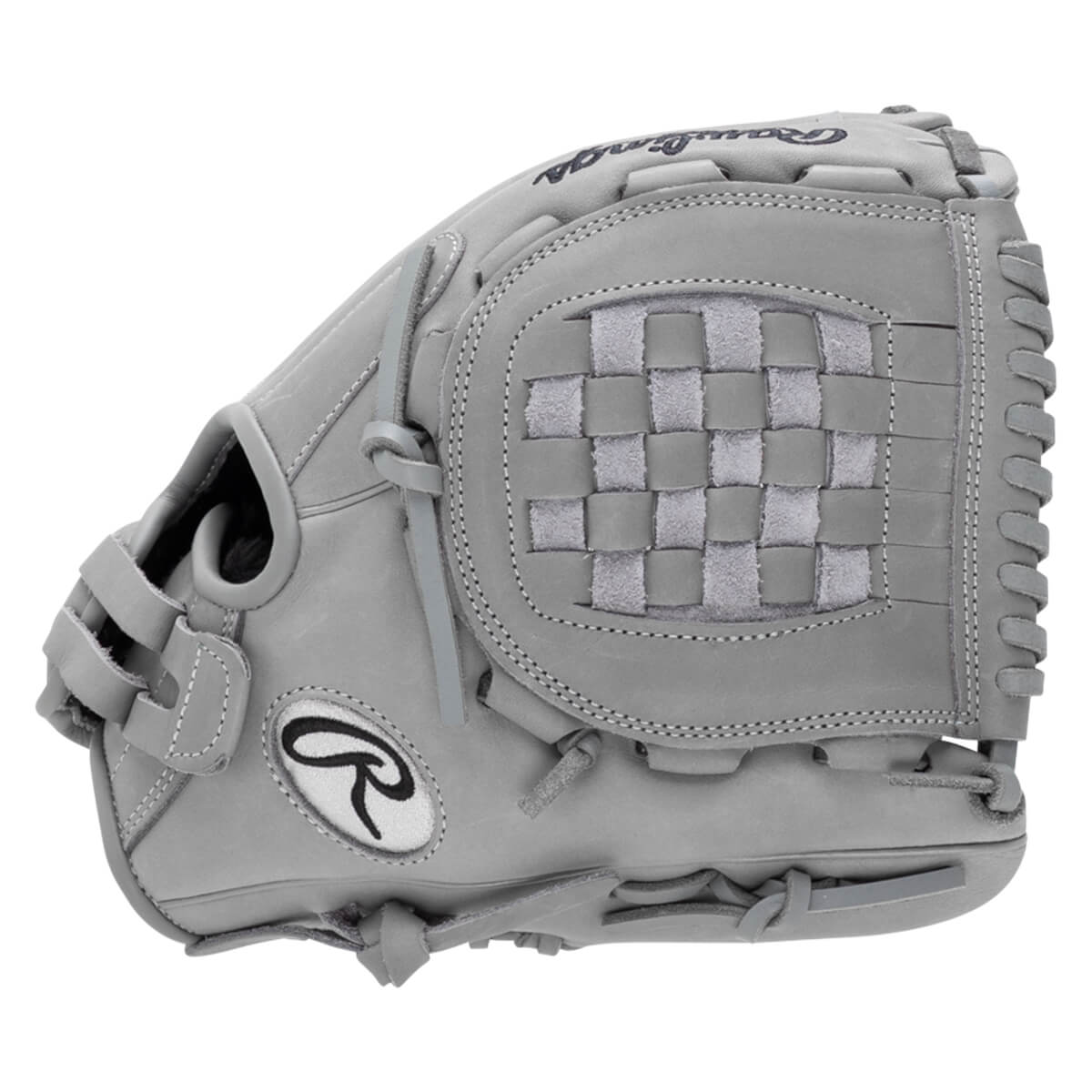 Side view of a gray Rawlings baseball glove with a woven palm and the Rawlings logo.