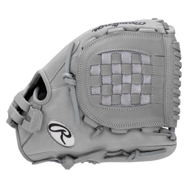 Side view of a gray Rawlings baseball glove with a woven palm and the Rawlings logo.