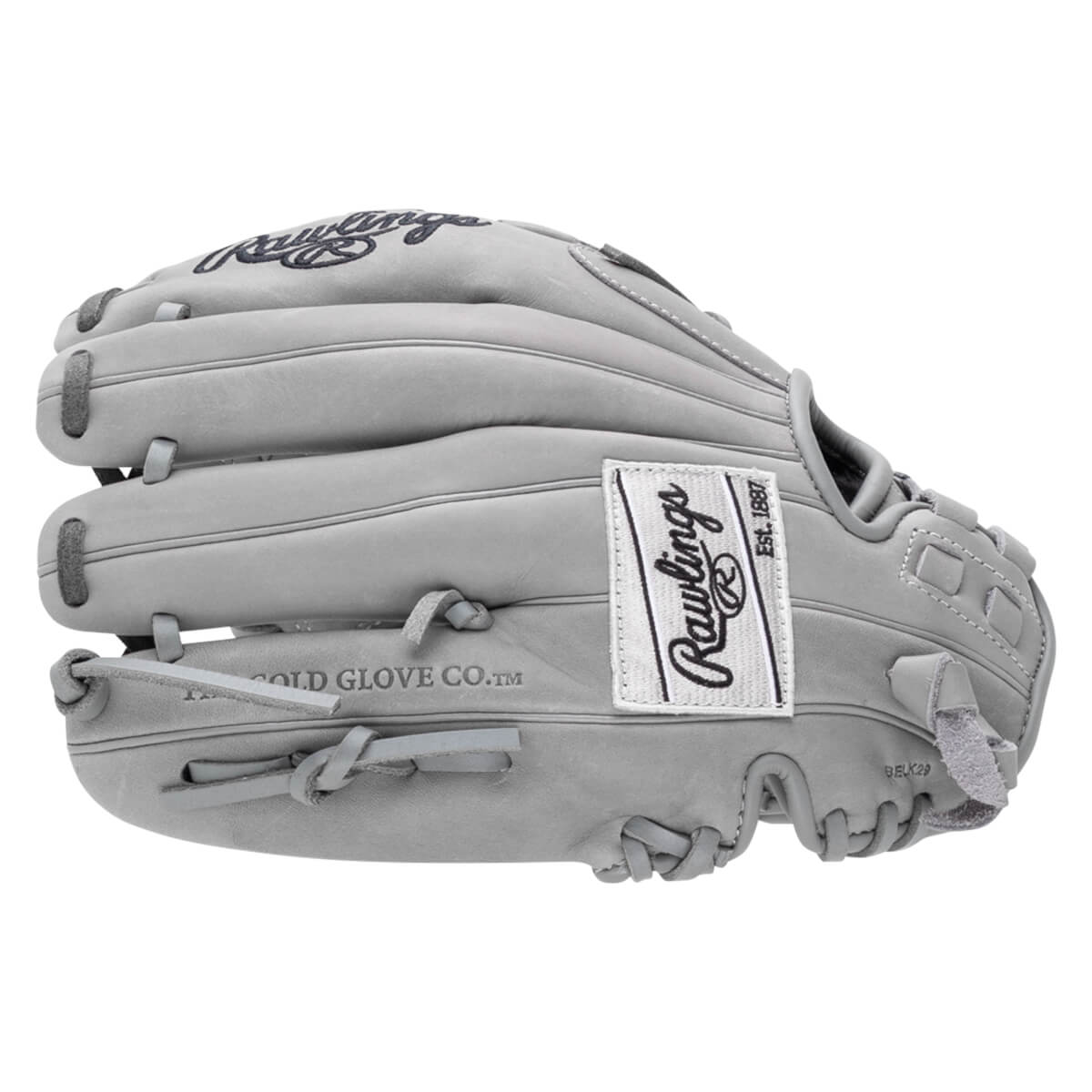 Side view of a gray Rawlings baseball glove with a white tag that says "Rawlings Est. 1887".