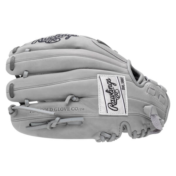 Side view of a gray Rawlings baseball glove with a white tag that says "Rawlings Est. 1887".