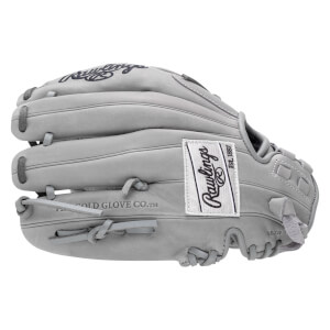 Side view of a gray Rawlings baseball glove with a white tag that says "Rawlings Est. 1887".