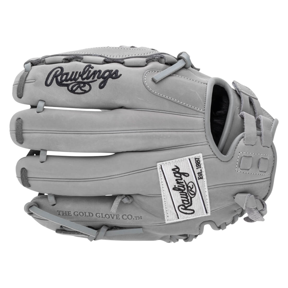 Front view of a gray Rawlings baseball glove with "Rawlings" logo and "THE GOLD GLOVE CO.â„¢" text.
