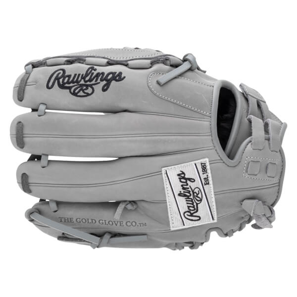 Front view of a gray Rawlings baseball glove with "Rawlings" logo and "THE GOLD GLOVE CO.â„¢" text.