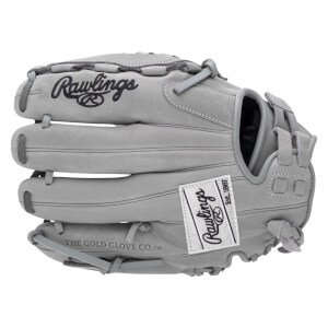 Front view of a gray Rawlings baseball glove with "Rawlings" logo and "THE GOLD GLOVE CO.â„¢" text.