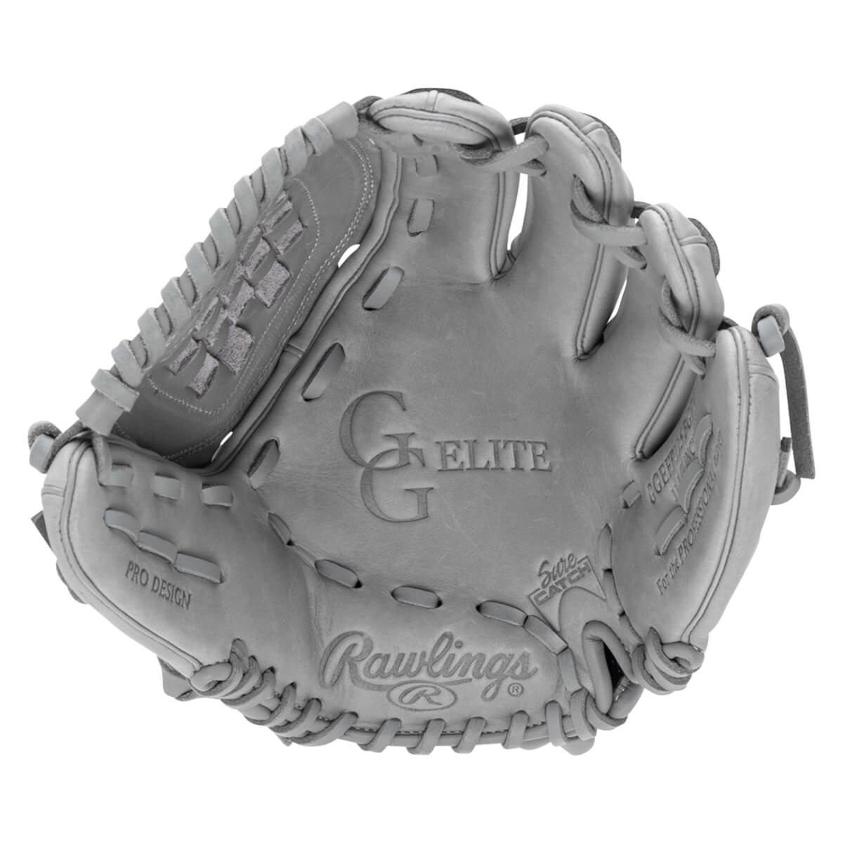 Front view of a Rawlings baseball glove with "PRO DESIGN" and "ELITE" embossed on the leather.
