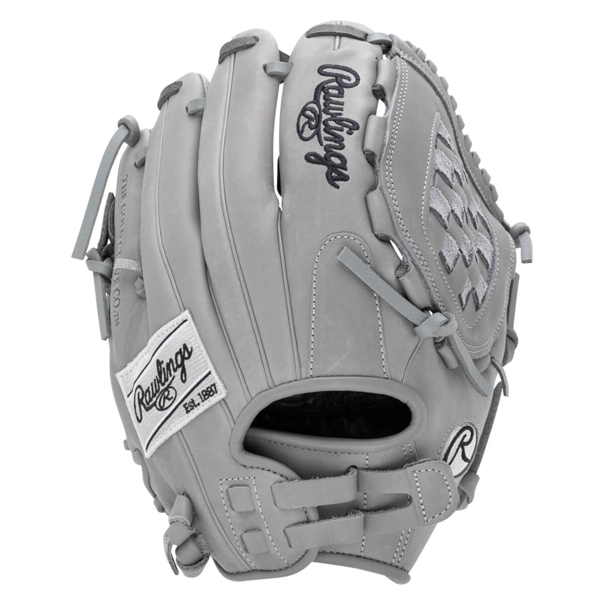 Front view of a gray Rawlings baseball glove with a white label that says "Rawlings Est. 1887".