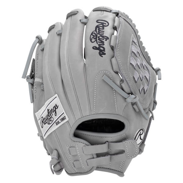 Front view of a gray Rawlings baseball glove with a white label that says "Rawlings Est. 1887".