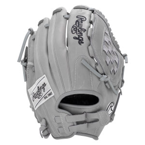 Front view of a gray Rawlings baseball glove with a white label that says "Rawlings Est. 1887".