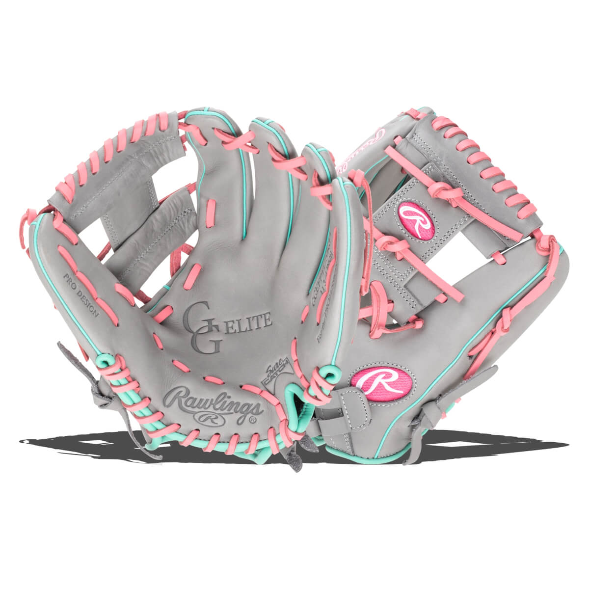 Front view of a gray baseball glove with pink and teal lacing, featuring Rawlings and G Elite logos.