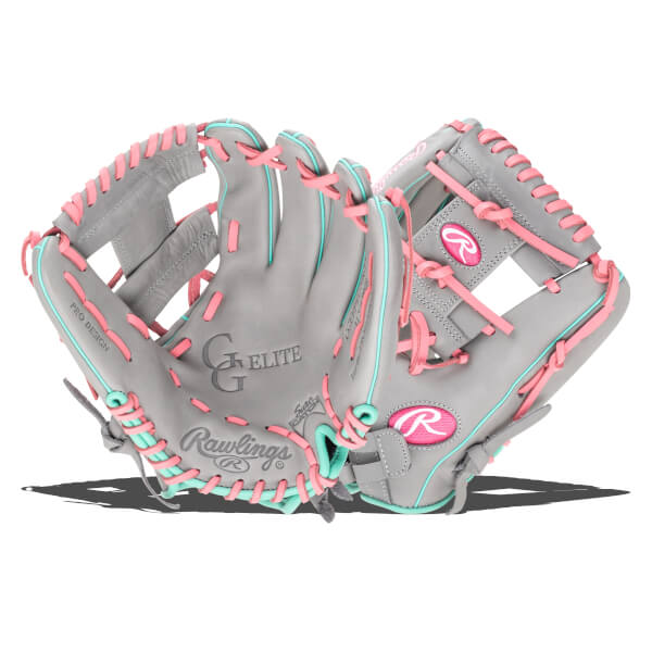 Front view of a gray baseball glove with pink and teal lacing, featuring Rawlings and G Elite logos.