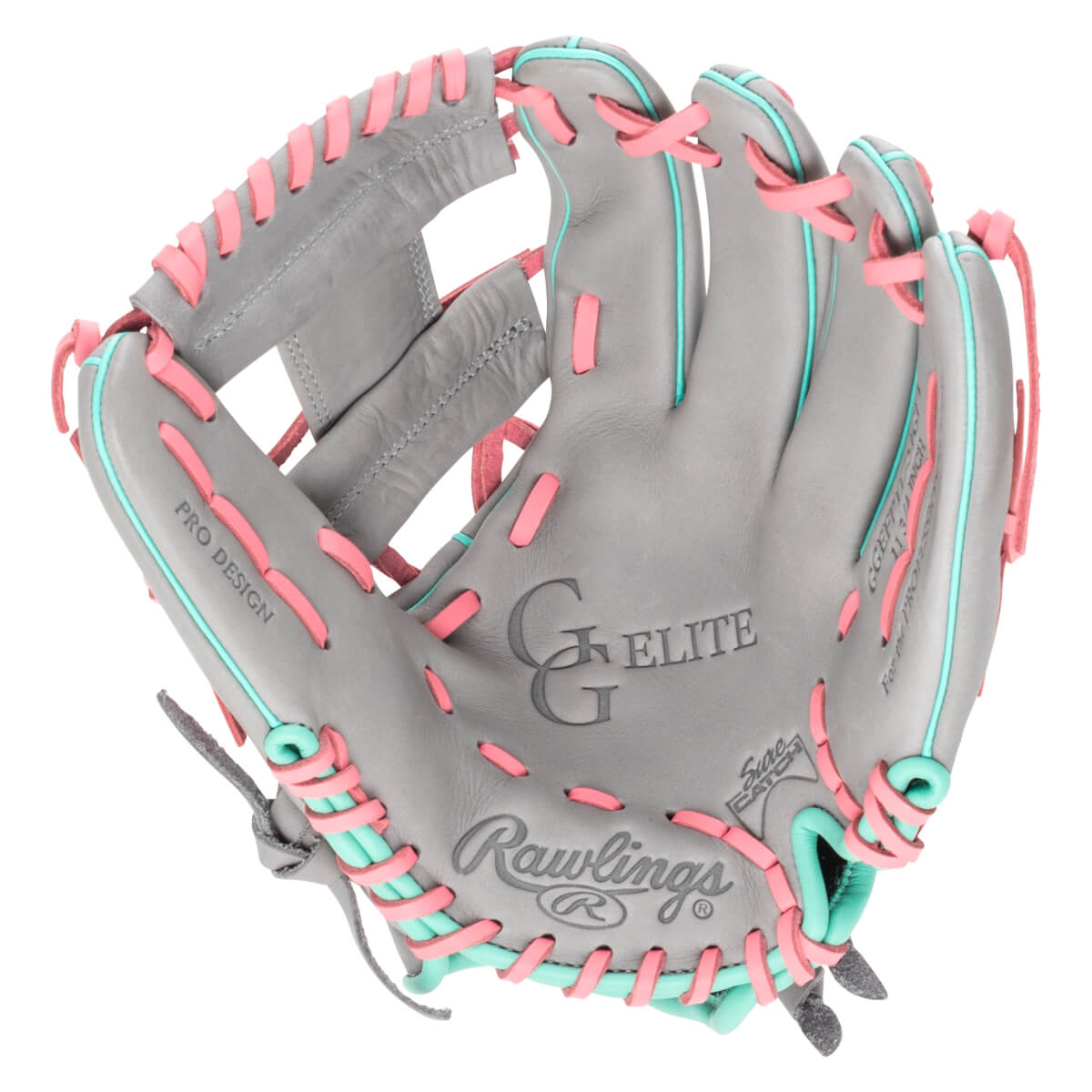 Front view of a gray baseball glove with pink and teal lacing, featuring "Rawlings" and "GG ELITE" logos.