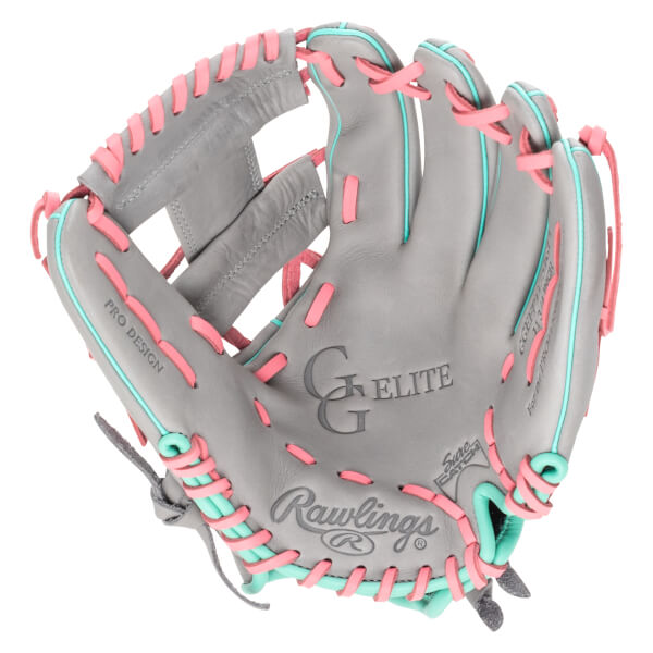 Front view of a gray baseball glove with pink and teal lacing, featuring "Rawlings" and "GG ELITE" logos.