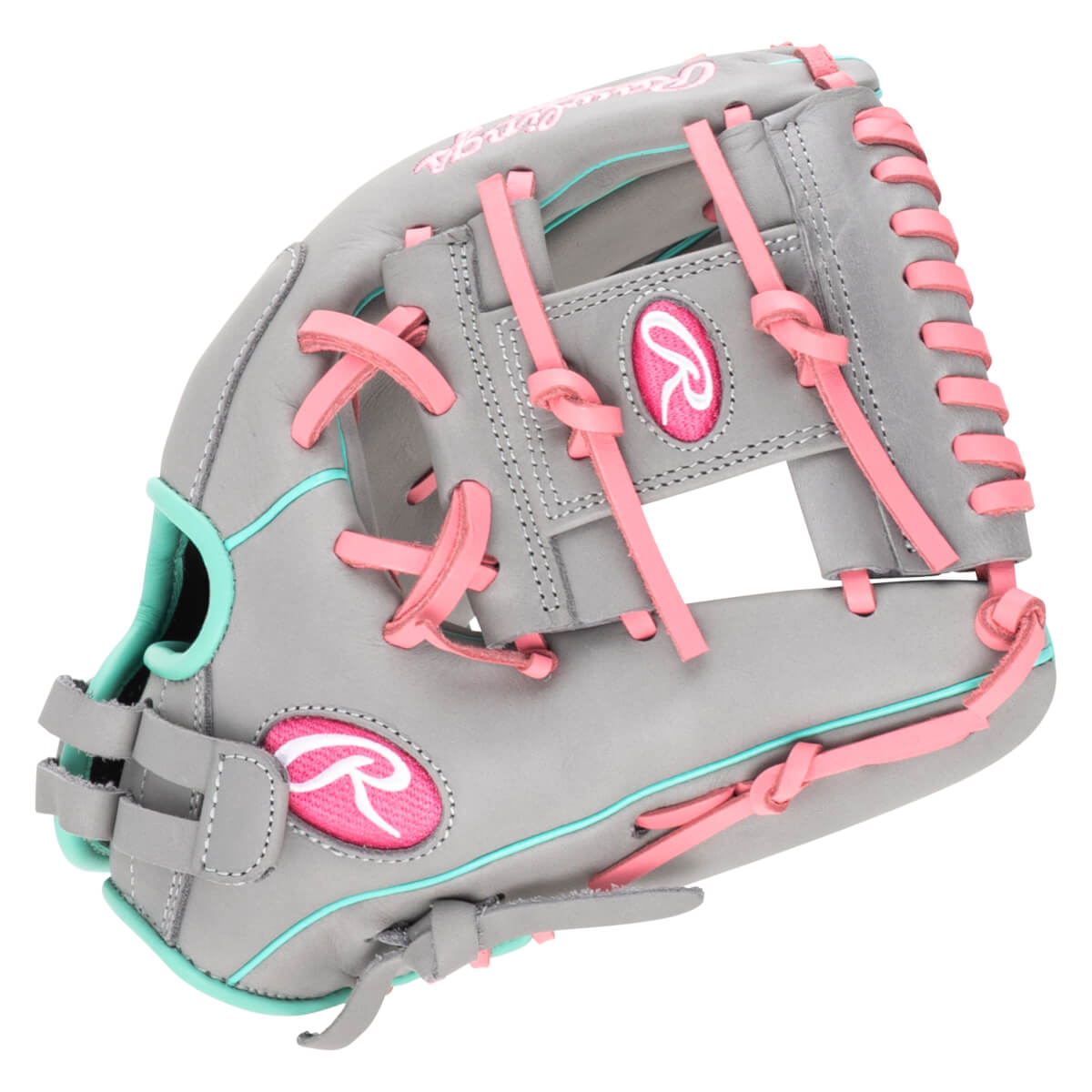 Side view of a gray Rawlings baseball glove with pink lacing and teal trim.