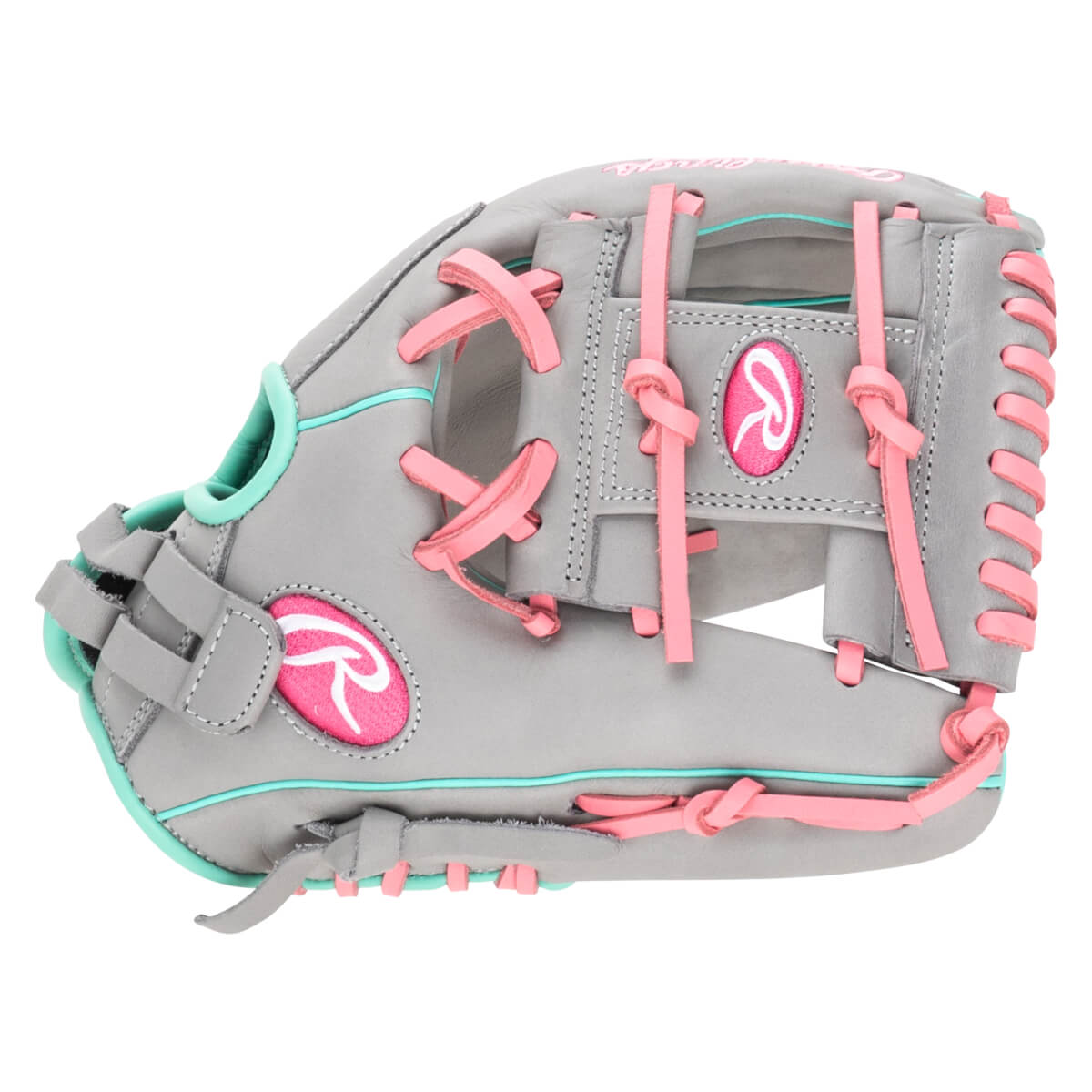 Side view of a gray baseball glove with pink laces and trim, featuring a white Rawlings logo.