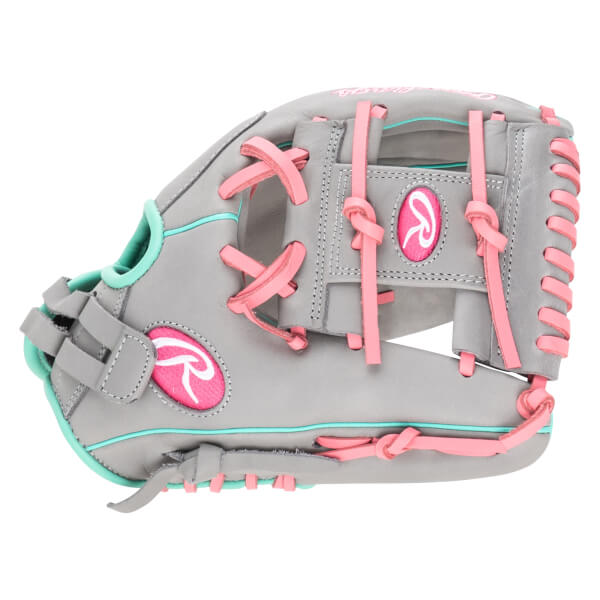 Side view of a gray baseball glove with pink laces and trim, featuring a white Rawlings logo.