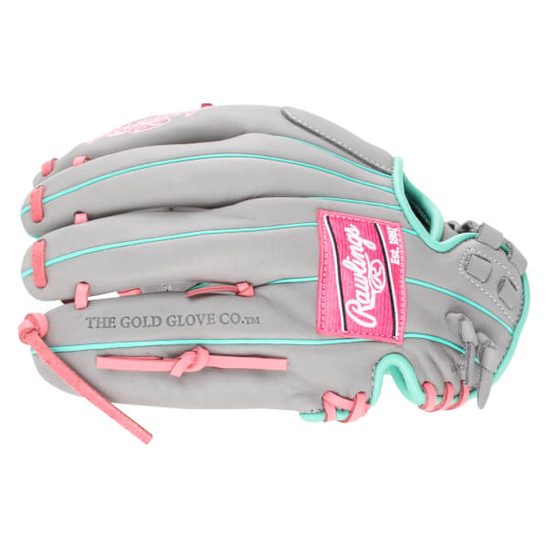Side view of a gray baseball glove with pink and teal accents, featuring a Rawlings logo patch and "THE GOLD GLOVE CO.â„¢" text.